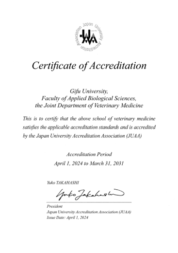 獣医学教育に関する基準適合認定証（英文）